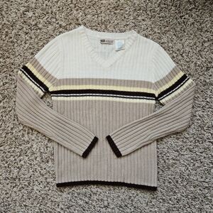 Faded Glory Women's V-Neck Sweater - Cream and Brown